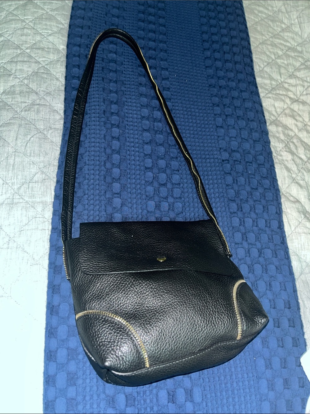Black Pebbled Leather Crossbody Bag with Contrast Stitching
